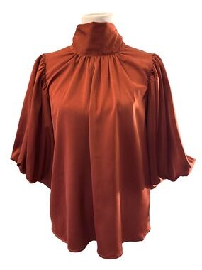 entro Rust High-Neck Satin Blouse with Balloon Sleeves size small
